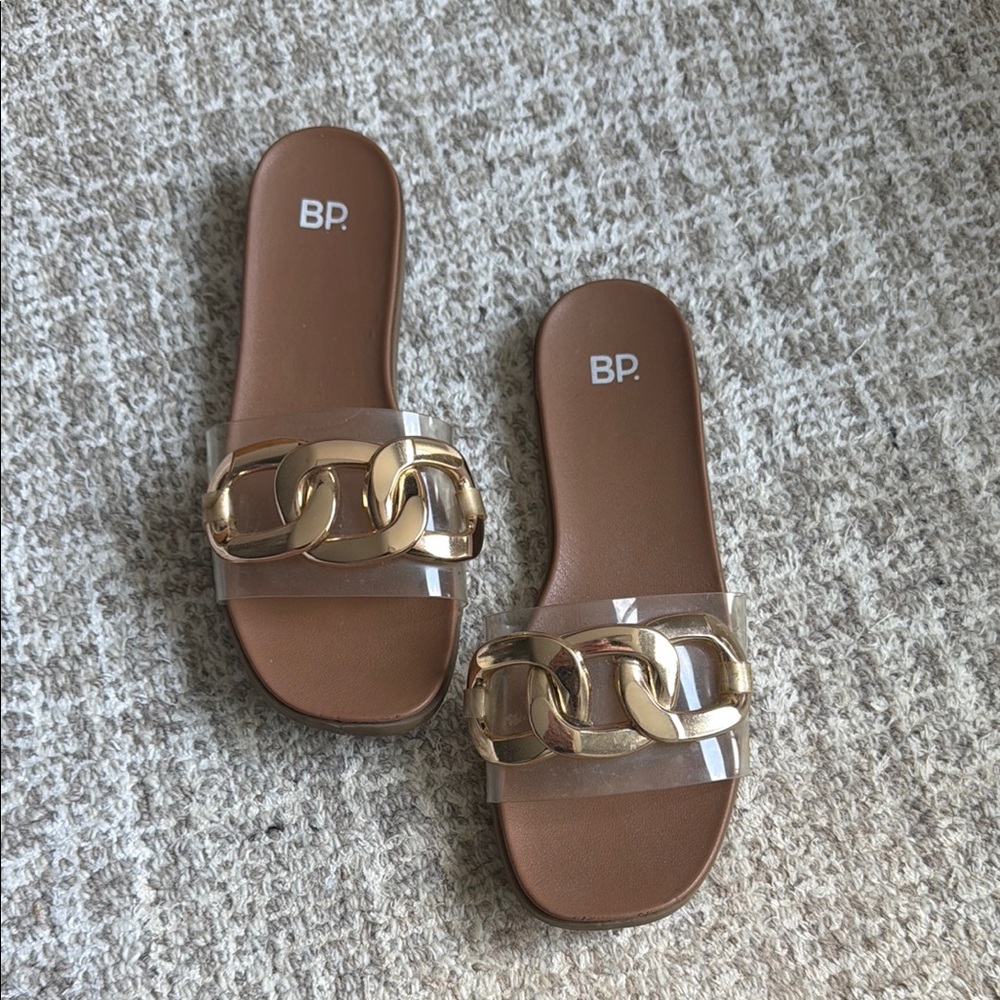 bp Brown Slide Sandals with Clear Strap and Gold Chain